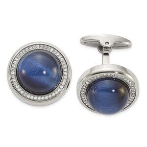 Stainless Steel Polished CZ & Black/Blue Onyx Circle Cufflinks